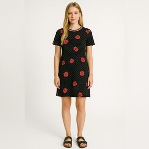 Y2K Tshirt Shift Dress Poppies Floral Black Stripe Polka Dots Loose Fit Size S​​